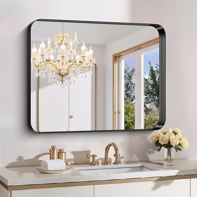 FORBATH 30x36 Inch Bathroom Mirror, Brushed Black Deep Frame Wall Mirror with Rounded Corners, Anti-Rust Tempered Glass for Modern Farmhouse Vanity (Horizontal/Vertical) - ModernBath