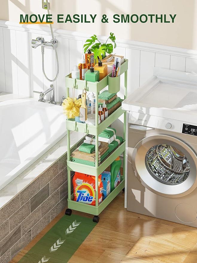 LEHOM Slim Rolling Storage Cart - 4 Tiers Bathroom Organizer Utility Cart Slide Out Storage Shelves Mobile Shelving Unit for Kitchen, Bedroom, Office, Laundry Room, Small Narrow Spaces（7.1" W+Green） - ModernBath