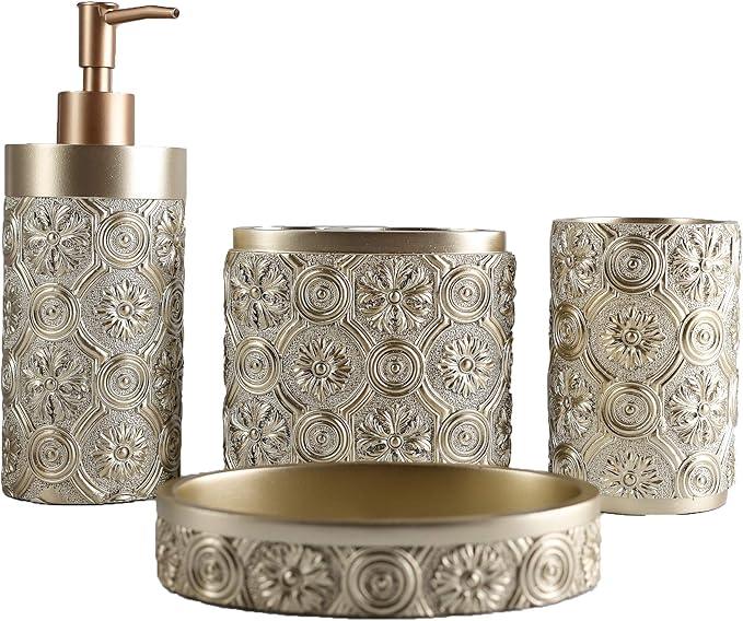 Hymmah Bathroom Accessories Set,Golden Design Toothbrush Holder,Farmhouse Bathroom Decor,4 Pcs Resin Gift Set Apartment Necessities, Contain Toothbrush Cup,Soap Dispenser,Soap Dish,Tumbler - ModernBath