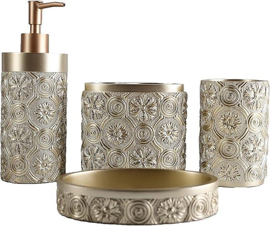 Hymmah Bathroom Accessories Set,Golden Design Toothbrush Holder,Farmhouse Bathroom Decor,4 Pcs Resin Gift Set Apartment Necessities, Contain Toothbrush Cup,Soap Dispenser,Soap Dish,Tumbler - ModernBath