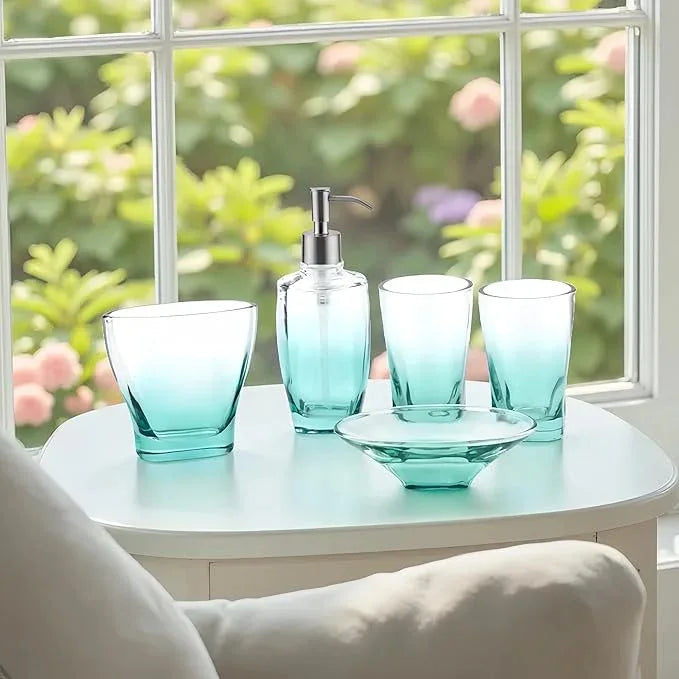 Jincrop Teal Glass Bathroom Accessories Set 5 Pieces – Green Bathroom Set with Soap Dispenser, Toothbrush Holder, 2 Tumbler Cups, Soap Dish - ModernBath