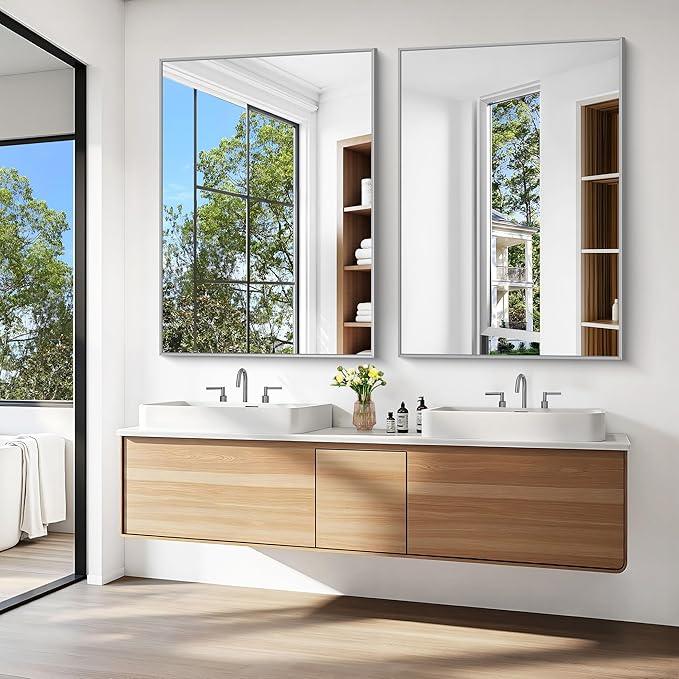 KOCUUY Silver Bathroom Mirror, 48"x36" Large Rectangle Bathroom Mirror for Wall, HD Tempered Glass, Anti-Rust Brushed Silver Frame, Modern Design for Bathroom, Bedroom, Hang Horizontal/Vertical - ModernBath