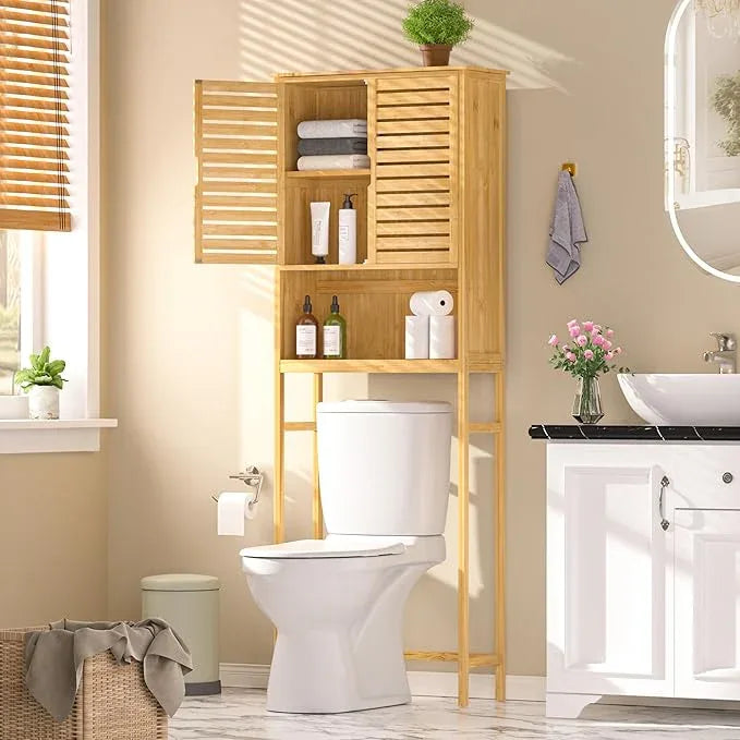 MUPATER 67" H Bathroom Over The Toilet Storage Cabinet with Doors and Shelves, Bamboo Over Toilet Organizer, Freestanding Tall Space Saver Toilet Rack, Natural Wood - ModernBath