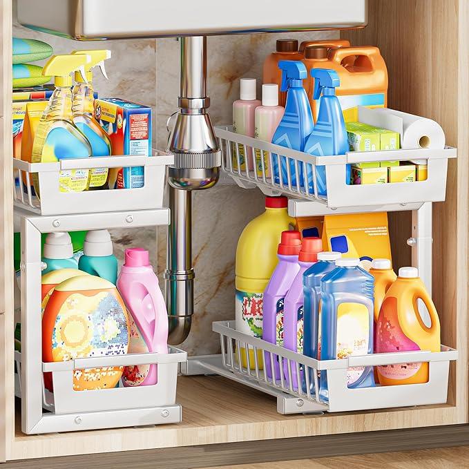 Under Sink Organizer 2 Pack, 2 Tier Adjustable Height Reinforced Carbon Steel Under Kitchen Bathroom Sink Storage Organizer, Smooth Pull-Out Under Sink Cabinet Rack Drawer Organizer, White - ModernBath