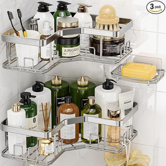 MAXIFFE 3 Pack X-Large Corner Shower Caddy with Soap Holder, Large Capacity Sturdy Easy Install No Drilling Stainless Steel Hold 40 LB Shower Organizer Shelves Rack for Family Renter Bathroom, Silver - ModernBath