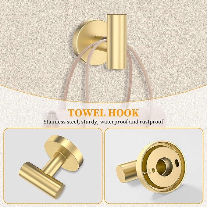 Brushed Gold Towel Bar Set 10 Pieces Round Bathroom Hardware Set Includes 23.6in Towel Bar Towel Ring Toilet Paper Holder Towel Hooks Stainless Steel Wall-Mounted Bathroom Towel Holder Set - ModernBath