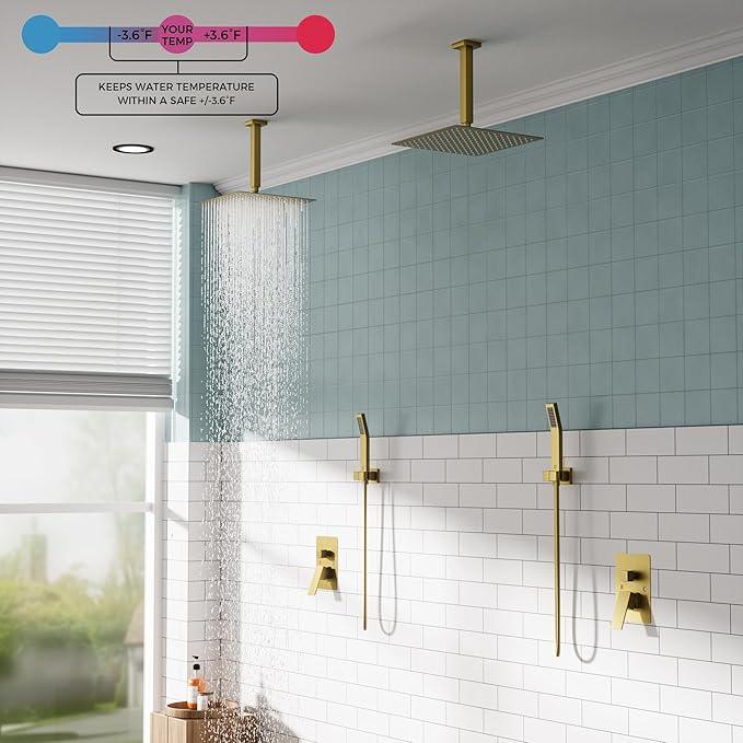 FORIOUS Shower Head System, 12 Inch Rain Shower Faucet Set with Handheld Spray Combo Rough-in Valve, Solid Brass Pressure Balanced Valve Trim Kit, Ceiling Mount, Brushed Gold - ModernBath