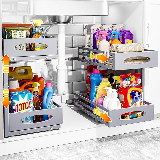 Under Sink Organizer, 2 Tier Under Sink Organizers and Storage, Adjustable Height, Slide out Metal Cabinet Organizers, Pull out Cabinet Storage Drawer Shelf for Kitchen Bathroom - ModernBath
