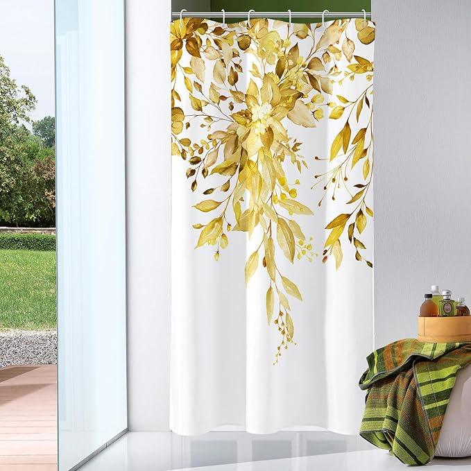 Gibelle Small Stall Shower Curtain 36 x 72, Narrow Yellow Floral Shower Curtain for Bathroom, Watercolor Plant Eucalyptus Leaves Fabric Shower Curtain Set - ModernBath