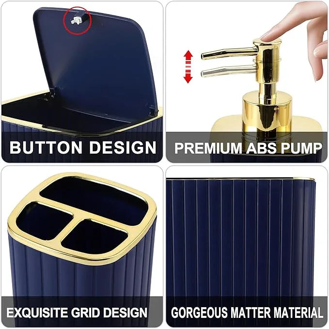 XLHOMO Bathroom Set with Shower Curtain and Rugs- 25PC Blue Bathroom Accessory Set, Navy Blue Shower Curtain Set, Toilet Brush, Trash Can, Qtip Holder Dispenser & Soap Dispenser - ModernBath