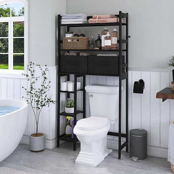 SMIBUY Over-The-Toilet Storage Rack, 6-Tier Bamboo Large Bathroom Organizer with Side Shelves and 2 Drawers, Stable Freestanding Space Saver for Bathroom, Laundry Room(Black) - ModernBath