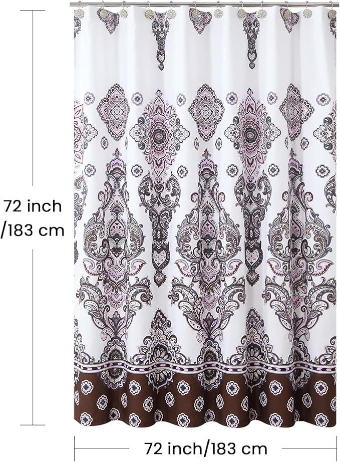 BESTRIPES Luxury Shower Curtain, White Bath Curtain with Baroque Brown & Pink Paisley Medallion Print, Waterproof Soft Polyester Fabric, 72" W x 72" H - ModernBath