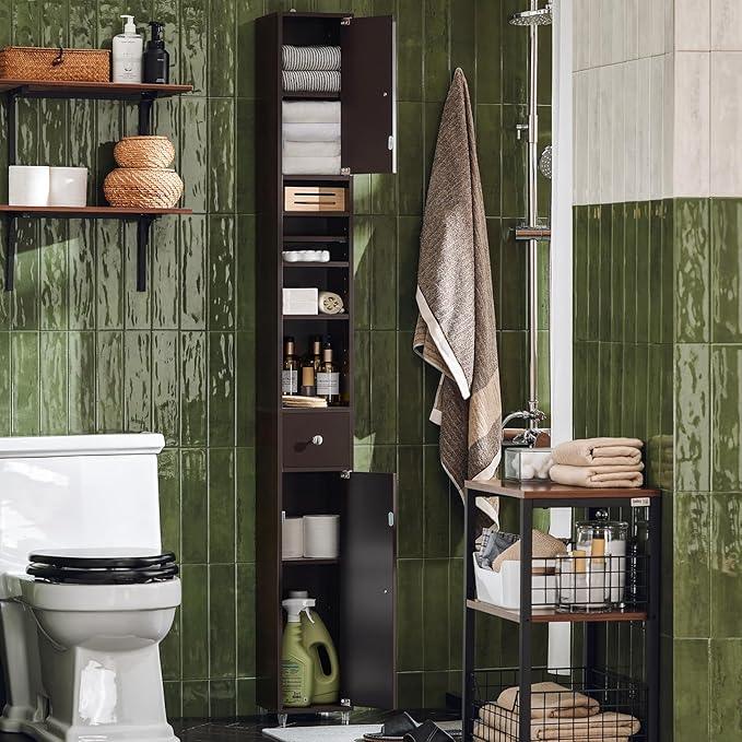 Haotian Bathroom Narrow Storage Cabinet, Skinny Tall Unit with Adjustable Shelves Slender Anti-Tipping Floor Standing Cupboard, Brown BZR34-BR - ModernBath