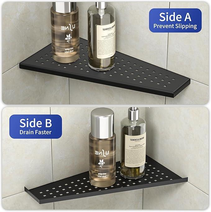 Corner Shower Shelf 2PCS, Trapezoid Bathroom Shelves 12'' for Tiled Wall, 304 Stainless Steel Grout in Shelf, No Drilling Needed (Black) - ModernBath