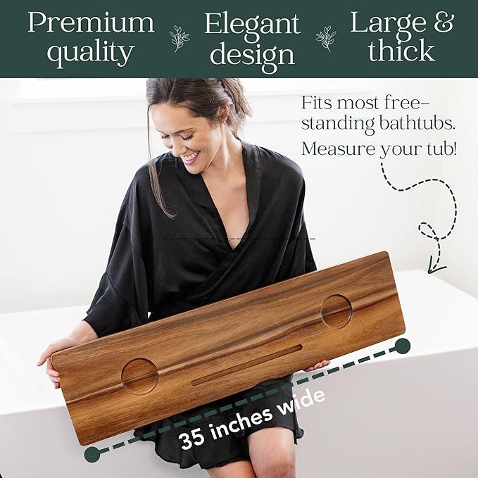 Premium Nature Shed Bathtub Tray for Freestanding Bath | Large & Thick 35” Acacia Wood Luxury Bath Tray for Tub | Anti-Tip, Non-Toxic, Adjustable Bathtub Trays for Tub with Bathroom Accessories Holder - ModernBath