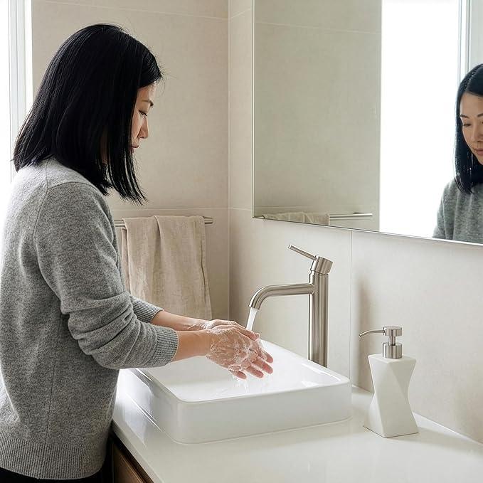 Modern White Hand Soap Dispenser with Stainless Steel Pump for Bathroom Countertop, Dish Soap Dispenser for Kitchen Sink, Contemporary Art Style, Matte Finish, 8.5oz (Arctic White) - ModernBath
