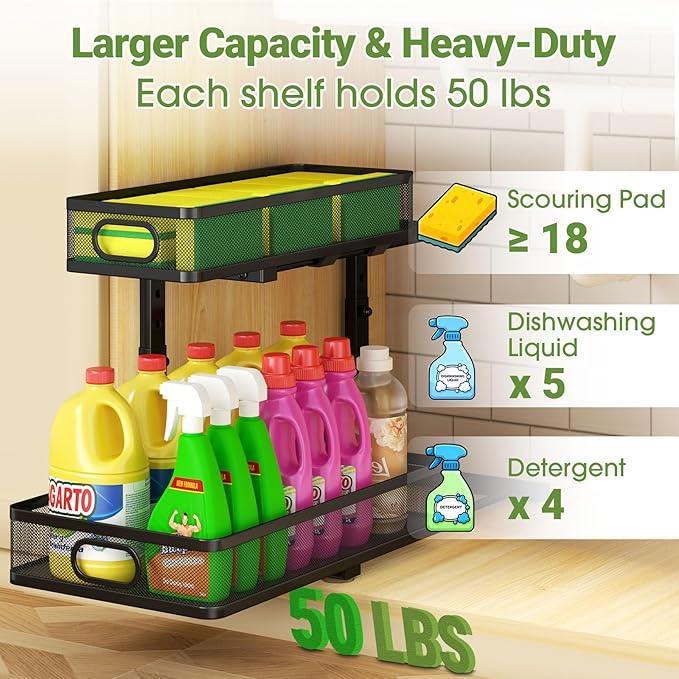 Under Sink Organizer 2-Pack, Metal 2-Tier Pull-Out Cabinet Shelf with Slide-Out Mesh Drawers, Height Adjustable, Space-Saving Under Sink Storage Racks for Kitchen, Bathroom, Laundry Room - ModernBath