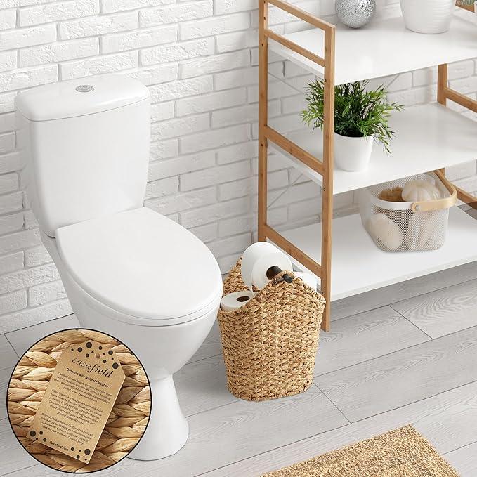 Casafield Toilet Paper Storage Basket with Wood Roll Holder Bar - Natural, Braided Water Hyacinth Wicker Bathroom Tissue Storage Organizer - ModernBath