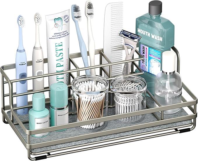 HapiRm Toothbrush Holders for Bathroom - 5 Partitions Bathroom Counter Organizer with Instant Drying Stone, Stainless Steel Countertop Storage Electric Toothbrush Toothpaste Holder - Brushed Nickel - ModernBath