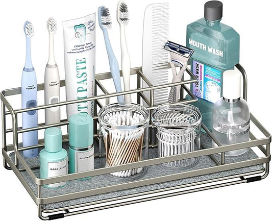 HapiRm Toothbrush Holders for Bathroom - 5 Partitions Bathroom Counter Organizer with Instant Drying Stone, Stainless Steel Countertop Storage Electric Toothbrush Toothpaste Holder - Brushed Nickel - ModernBath