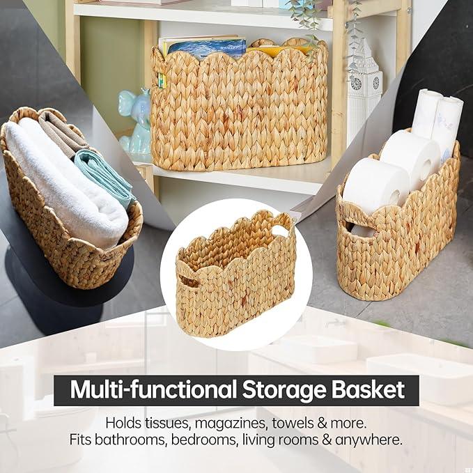 Toilet Paper Storage Basket,Scalloped Wicker Basket for Bathroom Organizers and Storage,Hand-Woven Rattan Bathroom Decor Accessories,Natural Water Hyacinth - ModernBath