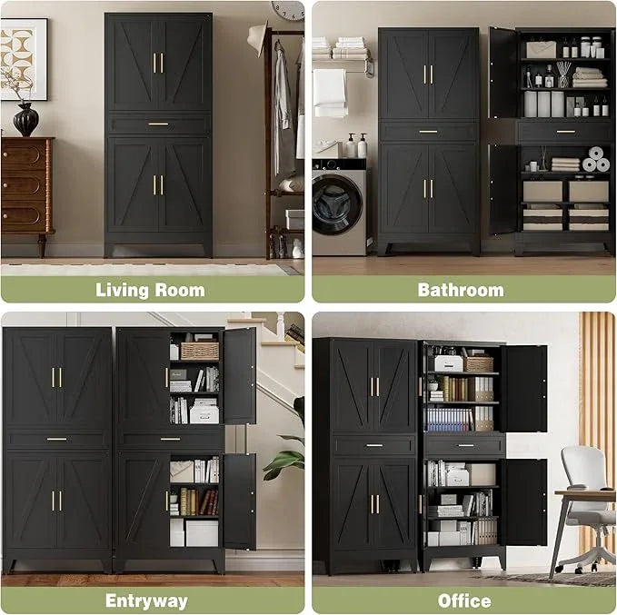 COFaR 71" Tall Metal Storage Cabinet with 4 Doors and 4 Adjustable Shelves, 6-Tier Farmhouse Storage Cabinet with Drawers and Legs, for Office, Home, Garage, Gym, School, Living Room, Hallway（Black） - ModernBath