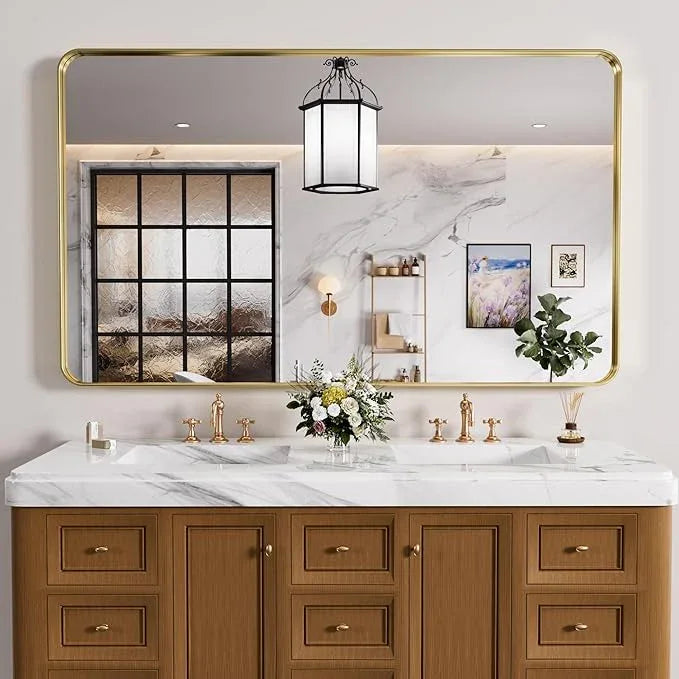 JISOSO Gold Bathroom Mirror, 55x30 Inch Brushed Gold Metal Frame Mirror for Wall, Rounded Rectangle Bathroom Vanity Mirror, Tempered Glass, Anti-Rust, Horizontal/Vertical - ModernBath