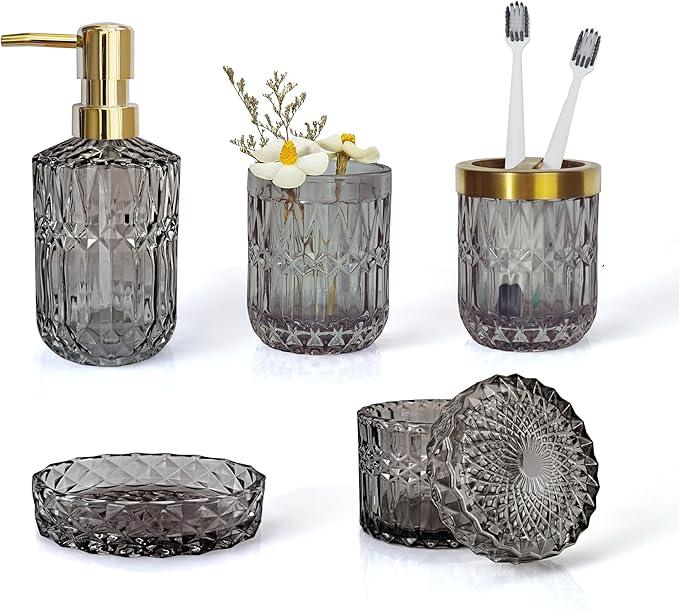 LaMarriti Gray Bathroom Accessories Set, 5Pcs Clear Glass Bathroom Sets, Soap Dispenser, Soap Dish, Toothbrush Holder Set, Cotton Swab Jar, Black and Gold Accent for Vintage Bathroom Decor, Gift Set - ModernBath