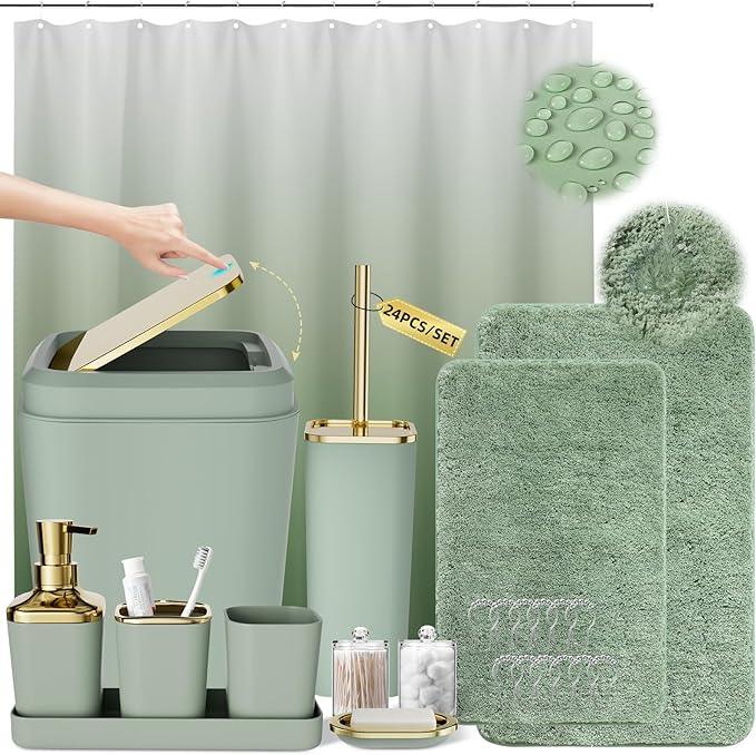 XLHOMO Sage Green Bathroom Set - 24PC Bathroom Sets with Shower Curtain and Rugs, Sage Green Bathroom Accessories Set with Press-on Lid Bathroom Trash Can, Soap Dispenser - ModernBath