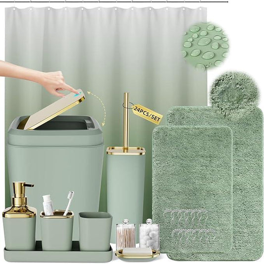 XLHOMO Sage Green Bathroom Set - 24PC Bathroom Sets with Shower Curtain and Rugs, Sage Green Bathroom Accessories Set with Press-on Lid Bathroom Trash Can, Soap Dispenser - ModernBath