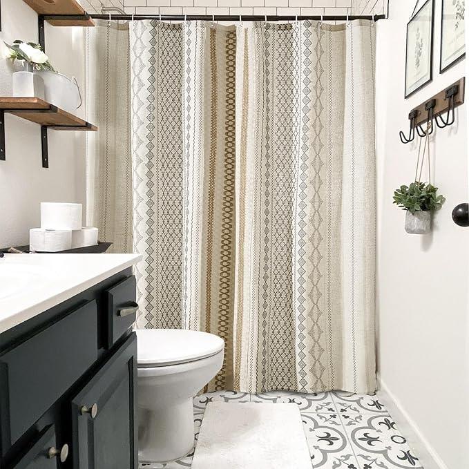 Aldopein Modern Farmhouse Shower Curtain, Water Resistant Privacy Natural Linen Textured Fabric, Boho Vintage Tribal Geometry Fabric Shower Curtains Set Cottagecore Bathroom Decorations with Hooks - ModernBath