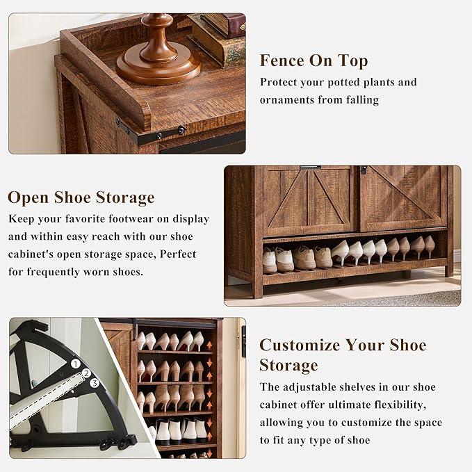 OKD Shoe Storage Cabinet with 2 Flip Drawers & Sliding Door, Farmhouse Entryway Shoe Organizer, Freestanding Rustic Hidden Shoe Rack Cabinet for Entryway, Reclaimed Barnwood - ModernBath
