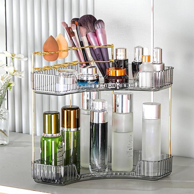 shuang qing Upgraded 2-Tier Corner Bathroom Countertop Organizer – Spacious Storage for Makeup, Skincare & Perfumes, Built-in Brush Holder Fits Vanity/Dresser/Bsthtub (Slate Gray) - ModernBath