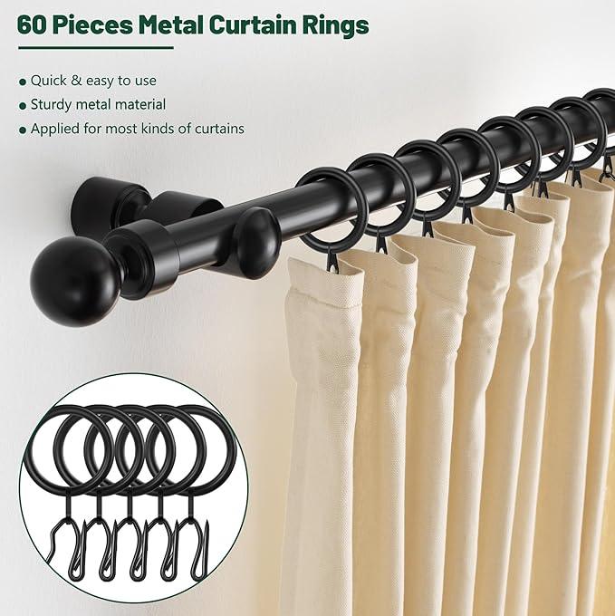 60Pcs Metal Curtain Rings and 60 Pcs Curtain Drapery Pin Hooks,Black Curtain Hooks for Drapes,30mm Internal Diameter for Window, Shower Curtain - ModernBath