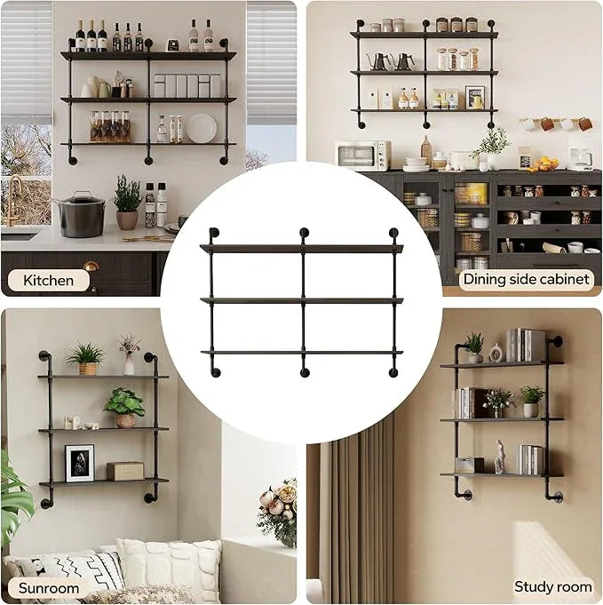 3-Tier Industrial Pipe Floating Shelf – Rustic 48 inch Wood Wall-Mounted Storage Shelf for Kitchen Office,Bathroom & Home Decor -Black - ModernBath