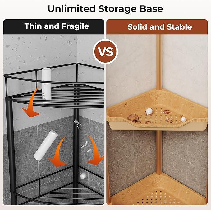 Orimade Rustproof 4 Tier Floor Standing Corner Shower Caddy Organizer, Plastic Aluminum Splicing Floor Corner Shelf Rack Storage Stands for Bathroom, Wood Grain Surface - ModernBath