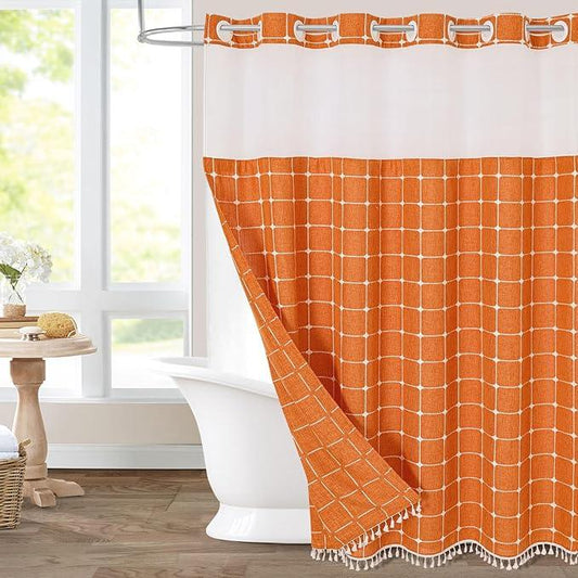 MitoVilla No Hooks Required Orange Shower Curtain with Snap-in Liner - with Window & Magnets, Boho Cotton Linen Fabric Shower Curtains with Tassels for Rustic Bathroom Decor, Burnt Orange, 72 x 74 - ModernBath