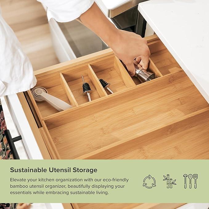 KitchenEdge Adjustable Kitchen Drawer Organizer for Utensils and Junk, Food-Safe Contract Grade with 100% Sustainable Wood, Expandable from 10.5 to 19 Inches Wide - Natural Bamboo - ModernBath