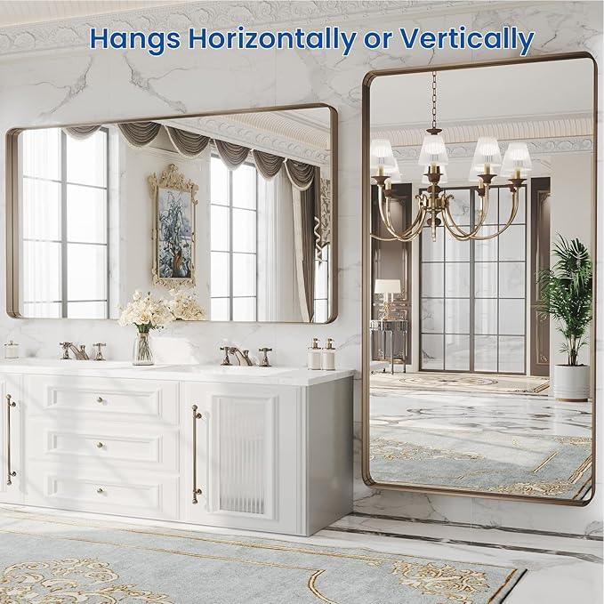 WEER 60x30 Inch Bronze Bathroom Mirror for Vanity, Brushed Bronze Metal Frame Rounded Rectangle Mirror with Tempered Glass, Anti-Rust (Horizontal/Vertical) - ModernBath
