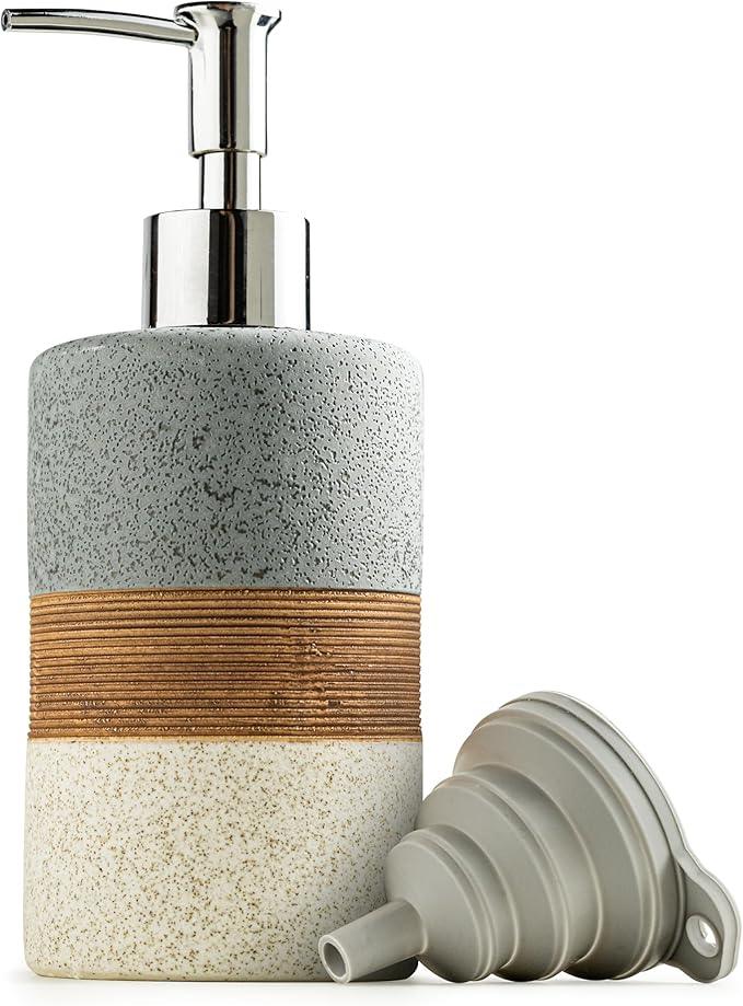 Cormomu Ceramic Soap Dispenser Set for Hand Soap, Shampoo, Dish Soap, Conditioner, Bathroom & Kitchen, Stainless Steel Pump, Includes Silicone Funnel, 12 Oz, Non-Slip, Elegant Kitchen Decor, Gray - ModernBath