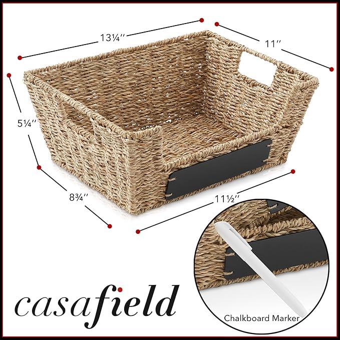 Casafield Set of 2 Seagrass Pantry Baskets with Handles, Chalkboard Labels and Marker - Natural, Wide Woven Storage Bin Organizers for Kitchen Shelves - ModernBath