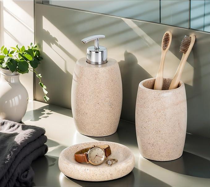Clasin Home Beige Bathroom Accessories Set 3 PC, Resin Sandstone Look Soap Dispenser, Toothbrush Cup, Soap Dish, Bathroom Soap Dispenser Set for Home Decor and Kitchen - ModernBath