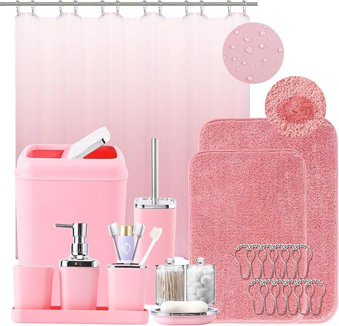 XLHOMO Bathroom Accessory Set–Bathroom Sets with Shower Curtain and Rugs, Non Slip Bathroom Rugs Super Absorbent, Pink Ombre Waterproof Shower Curtain with Hooks, Pink Bathroom Sets Complete for Home - ModernBath