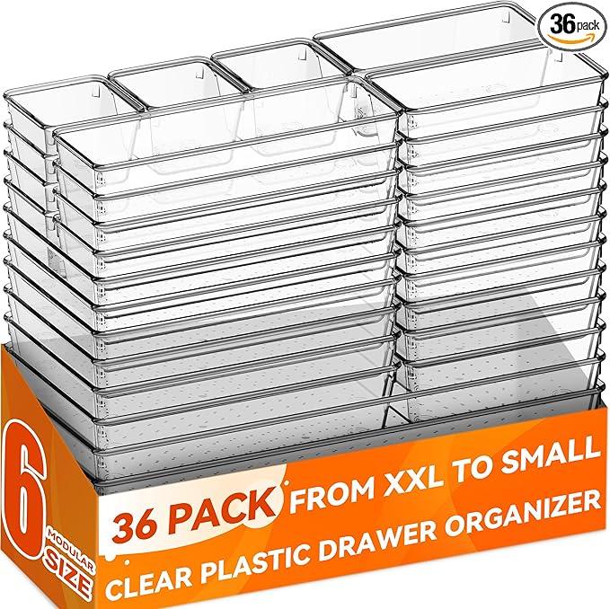 Criusia 36 Pack Large Clear Plastic Drawer Organizer Bins - 6 Size Acrylic Kitchen Drawer Organization and Storage for Utensils Gadgets, Office Bathroom and Vanity Organizer for Makeup Accessoires - ModernBath