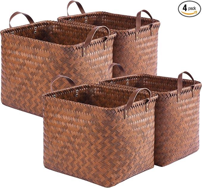13x15x13 Woven Laundry Basket Hamper, Storage Basket for Clothes Blankets, 4-Pack Wicker Bin for Closet Shelves Bedroom Bathroom, Brown - ModernBath
