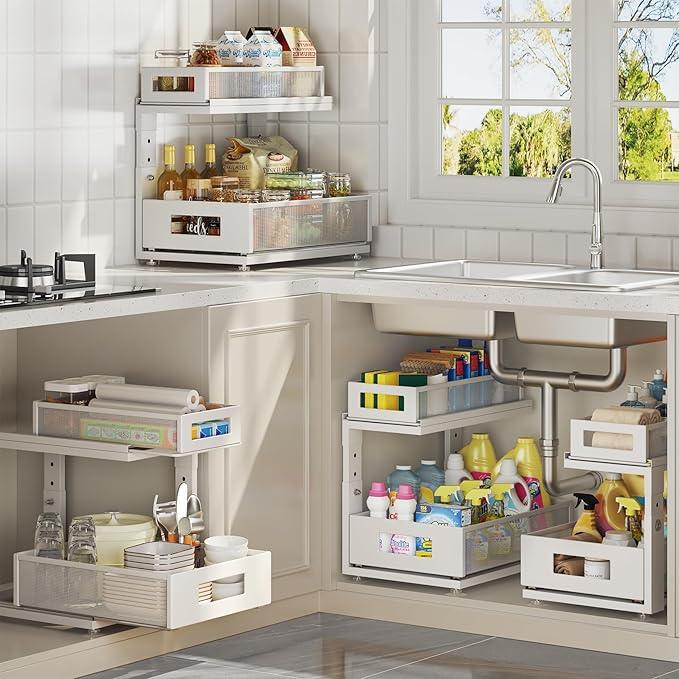 2 Pack Under Sink Organizer With Next-Gen Ball-Bearing Slides,2-Tier Pull Out Cabinet Storage,Height Adjustable Drawer Shelf for Bathroom,Kitchen,Laundry,Cabinet,Pantry(Patent Pending) - ModernBath