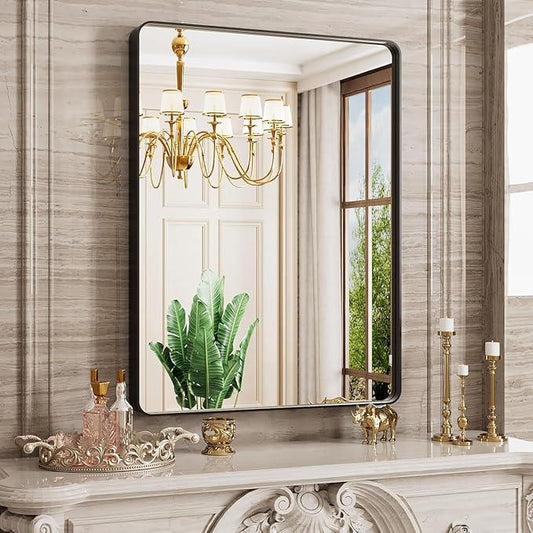 JISOSO Black Bathroom Mirror, Black Metal Framed Mirror for Wall, Rounded Rectangle Matte Bathroom Vanity Mirror with Tempered Glass, Anti-Rust, Horizontal/Vertical - ModernBath