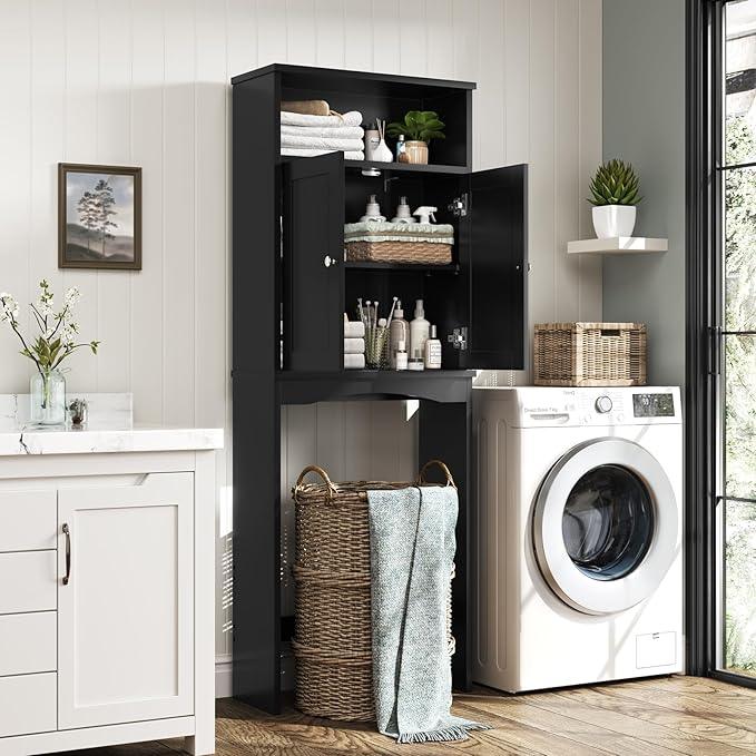 Over The Toilet Storage Cabinet, Over The Toilet Storage with Adjustable Shelf and Double Doors, Above Toilet Storage Cabinet for Bathroom Storage Over Toilet Bathroom Organizer (Black) - ModernBath