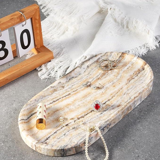 Koville Natural Marble Bathroom Tray for Decor Countertop, Marble Vanity Tray for Candles Perfume, Jewelry, Cosmetics, Stone Decorative Trays for Dresser Organizer(White Traonyx) - ModernBath