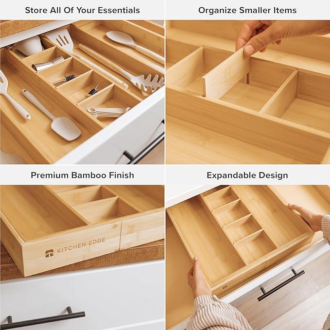 KitchenEdge Adjustable Bamboo Kitchen Drawer Organizer for Utensils and Junk, Expandable to 28 inches Wide, 9 Compartments - ModernBath